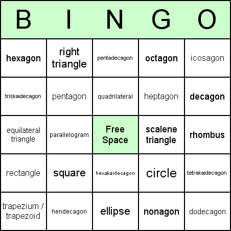 2D Shapes Bingo Card